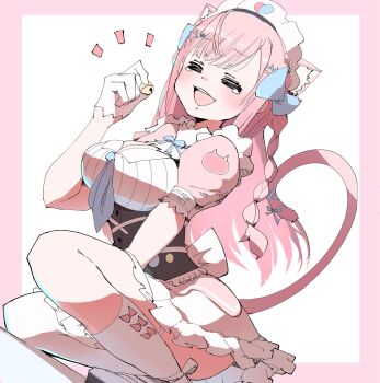 1girl =_= animal_ears animal_print bell blue_bow blue_ribbon blush bow braid breasts cat_ears cat_girl cat_hair_ornament cat_print cat_tail cleavage cleavage_cutout closed_eyes clothing_cutout dress extra_ears gloves hair_bow hair_ornament hairclip happy_tears highres holding holding_bell indie_virtual_youtuber jingle_bell large_breasts long_hair maid maid_headdress neck_ribbon on_one_knee open_mouth pink_background pink_bow pink_dress pink_hair pink_tail ribbon short_sleeves single_sock single_thighhigh smile socks solo star_(symbol) star_hair_ornament suo_(esu) tail tail_ornament tail_ribbon tears thighhighs thighs virtual_youtuber white_background white_gloves white_socks white_thighhighs yuuki_sakuna