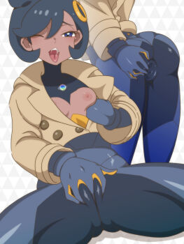 1girl ;o ass black_bodysuit black_hair blue_eyes bodysuit breasts breasts_out emma_(pokemon) female_masturbation grey_background highres jacket looking_at_viewer masturbation masturbation_through_clothes multiple_views nintendo one_eye_closed pokemon pokemon_legends:_z-a rbx_lamen short_hair small_breasts spread_pussy spread_pussy_under_clothes tongue tongue_out torn_bodysuit torn_clothes white_background yellow_jacket