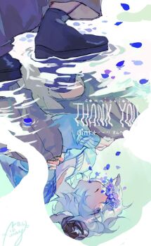 1boy animal_ears black_horns black_shoes blue_sweater commentary_request commission curled_horns floppy_ears flower hair_flower hair_ornament highres horns hydrangea long_sleeves male_focus original petals puddle purple_flower reflection reflection_focus reflective_liquid sheep_boy sheep_ears shinjitsu_no_kuchi shoes short_hair skeb_commission solo sweater water white_hair