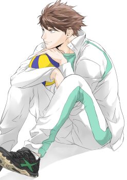 Rule 34 | 1boy, ball, black shoes, brown eyes, brown hair, commentary request, full body, haikyuu!!, highres, holding, holding ball, knees up, looking to the side, male focus, oikawa tooru (haikyuu!!), sac hi9, shoes, simple background, sitting, solo, track suit, volleyball (object), white background