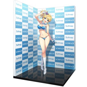 1girl ankle_boots arm_at_side arm_up bikini blonde_hair blue_bikini blush boots breasts butterfly_hair_ornament cleavage cleavage_cutout clothing_cutout dolphin_wave earrings erakin flower game_cg gloves gluteal_fold green_eyes hair_flower hair_ornament high_heel_boots high_heels highres izumi_kiri jewelry knee_boots koga_aoi looking_at_viewer medium_breasts model navel non-web_source official_art ootomo_takuji open_mouth side_ponytail sidelocks smile solo swimsuit transparent_background voice_actor_connection white_boots white_gloves