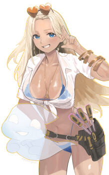 1girl absurdres bandaid bandaid_on_face bandaid_on_nose belt bikini blonde_hair blue_bikini blue_eyes bracelet breasts centi_(nikke) centi_(ocean_repair)_(nikke) collarbone eyewear_on_head ghost goddess_of_victory:_nikke heart heart-shaped_eyewear highres jacket jewelry large_breasts long_hair navel official_alternate_costume open_mouth peparonipi20 screwdriver see-through_clothes shirt simple_background smile stomach sunglasses swimsuit teeth thong thong_bikini tied_shirt toolbox tools white_background white_shirt