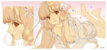 Rule 34 | 1girl, android, barefoot, blonde hair, breasts, brown eyes, chii, chobits, collarbone, dress shirt, ed0401, gradient background, hair tubes, highres, long hair, long sleeves, looking at another, low-tied sidelocks, low twintails, lying, no bra, on side, parted lips, partially unbuttoned, photo-referenced, pink background, robot, robot ears, robot girl, shirt, sidelocks, sketch, small breasts, twintails, twitter username, very long hair, white shirt