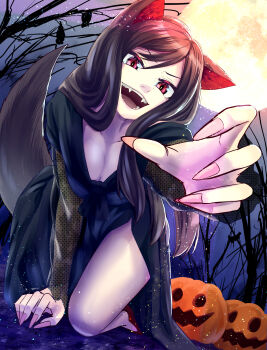1girl animal_ears black_dress breasts brown_hair cleavage dress fangs fingernails full_moon halftone halloween highres imaizumi_kagerou jack-o&#039;-lantern kneeling long_hair long_sleeves looking_at_viewer medium_breasts moon night open_mouth reaching reaching_towards_viewer red_eyes smile solo tail tenamaru thighs touhou unmoving_pattern wolf_ears wolf_girl wolf_tail