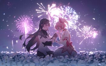 2girls absurdres akemi_homura akemi_homura_(magical_girl) artist_request black_hair black_hairband blush closed_mouth commentary_request commission dress fingerless_gloves fireworks flower gloves hairband highres holding_hands interlocked_fingers kaname_madoka kaname_madoka_(magical_girl) long_hair looking_at_another mahou_shoujo_madoka_magica mahou_shoujo_madoka_magica_(anime) multiple_girls night outdoors parted_lips petals pink_eyes pink_hair purple_eyes second-party_source seiza shirt short_twintails sitting smile twintails white_dress white_flower white_gloves white_shirt yuri
