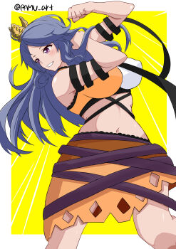 1girl absurdres arm_ribbon arm_up breasts chirizuka_ubame clenched_hand clenched_hands crown flexing fossilized_wonders headpiece highres orange_skirt pamu_art purple_eyes ribbon skirt smile solo touhou yellow_background