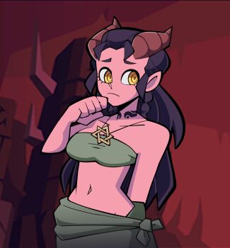 1girl absurdres bare_shoulders black_choker black_hair bra braid breasts choker colored_skin crop_top crossover dahlia_(day_of_wrath) day_of_wrath_(infinitypilot) demon demon_girl demon_horns doom_(series) doom_eternal embarrassed fanfic fantasy hell helltaker hexagram highres horns jewelry krembeni long_hair long_skirt looking_at_viewer lying medium_breasts midriff monster_girl neck_tattoo nymph original pointy_ears raised_eyebrows red_skin shy skirt slave slave_tattoo solo star_of_david strapless strapless_bra tattoo tiefling tube_top underwear yellow_eyes