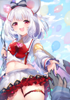 2girls 40_(0f0urw) :d absurdres animal_ears balloon blue_sky bow commentary_request cowboy_shot fake_animal_ears female_pov granblue_fantasy heart highres long_sleeves looking_at_viewer mouse_ears multiple_girls navel open_mouth pov reaching reaching_towards_viewer red_eyes sky smile solo_focus thigh_strap vikala_(event)_(granblue_fantasy) vikala_(granblue_fantasy) white_hair