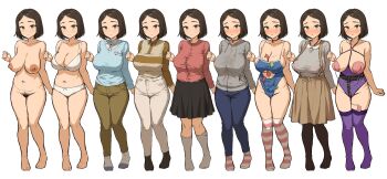 1girl barefoot blue_leotard blush bra breasts brown_eyes brown_hair brown_skirt cleavage closed_mouth collared_shirt female_pubic_hair kneehighs kono_(yuri_kotone_ero) large_breasts leotard long_sleeves looking_at_viewer mole mole_on_breast multiple_views navel nipples nude panties pants pleated_skirt pubic_hair sex_toy shirt short_hair simple_background skirt smile socks standing striped suspenders sweater swimsuit takenoko_no_you thighhighs underwear variations vibrator white_background white_bra white_panties