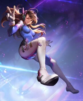 1girl ;) bodysuit breasts brown_hair caesty d.va_(overwatch) facial_mark female_focus gloves headphones jpeg_artifacts long_hair looking_at_viewer one_eye_closed overwatch overwatch_1 smile solo v watermark whisker_markings