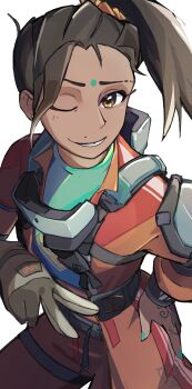 1girl absurdres animification apex_legends aqua_nails aqua_shirt brown_eyes brown_hair dark-skinned_female dark_skin facial_mark forehead_mark gloves grey_gloves henna highres jumpsuit mole mole_above_mouth one_eye_closed orange_jumpsuit parted_lips ponytail rampart_(apex_legends) shirt simple_background single_glove smile solo suru_melon tooth_gap v white_background