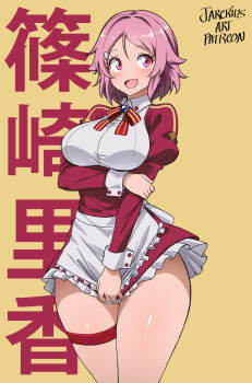 1girl artist_name bow bowtie breasts dress eyebrows_hidden_by_hair hair_ornament hairpin highres jarckius large_breasts lisbeth_(sao) looking_to_the_side miniskirt open_mouth patreon_username pink_eyes pink_hair red_bow red_bowtie red_dress short_hair skirt smile solo standing sword_art_online thigh_strap thighs