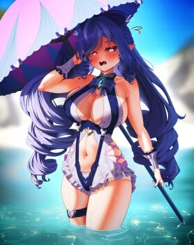 absurdres bare_shoulders beach_umbrella bow breasts casual_one-piece_swimsuit clothing_cutout hair_bow hands_up highres large_breasts long_hair looking_at_viewer mole mole_under_eye nail_polish nazquifgv official_alternate_costume one-piece_swimsuit pointy_ears purple_bow purple_hair purple_nails red_eyes solo stomach stomach_cutout swimsuit thick_thighs thighs umbrella very_long_hair vivian_banshee white_one-piece_swimsuit zenless_zone_zero
