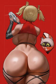 1girl ass ass_focus back backboob bare_shoulders blonde_hair breasts burnice_white cocktail_shaker crop_top curvy detached_sleeves facing_away from_behind helmet highres holding holding_cocktail_shaker huge_ass large_breasts red_background shiny_skin short_hair short_twintails sideboob simple_background solo spiralnoww1 thick_thighs thighs twintails wide_hips zenless_zone_zero