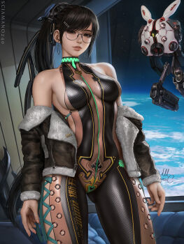 1girl black_bodysuit blue_point_(stellar_blade) blunt_bangs bodysuit breasts classic_round_glasses_(stellar_blade) covered_navel drone_(stellar_blade) eve_(stellar_blade) fur-trimmed_jacket fur_trim glasses gluteal_fold highres jacket looking_at_viewer lop_bunny_pack_(stellar_blade) medium_breasts off-shoulder_jacket off_shoulder official_alternate_costume planet_diving_suit_(3rd)_(stellar_blade) ponytail robot sciamano240 shoulderless_bodysuit skin_tight space stellar_blade thigh_gap window