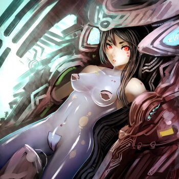1girl bare_shoulders black_hair blue_bodysuit bodysuit breasts cherokee_(1021tonii) female_focus highres long_hair looking_at_viewer machine maebari mechanical_fixation medium_breasts red_eyes see-through_clothes see-through_bodysuit skin_tight solo