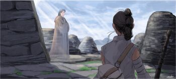 Rule 34 | 1boy, 1girl, anakin skywalker, cloak, hologram, luke skywalker, matsuri6373, rey (star wars), signature, spoilers, staff, star wars, star wars: the force awakens, star wars: the last jedi, temple, vest