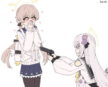 2girls absurdres angel_wings artist_name azusa_(blue_archive) black_pantyhose blue_archive blue_skirt blush brown_hair cardigan covering_own_mouth feathered_wings flower gun hair_flower hair_ornament halo handgun heart hifumi_(blue_archive) highres holding holding_gun holding_weapon jewelry kai_xin long_hair long_sleeves low_twintails multiple_girls pantyhose pleated_skirt purple_eyes ring school_uniform simple_background skirt twintails weapon white_background white_cardigan white_hair white_wings wing_ornament wings yellow_eyes yellow_halo yuri