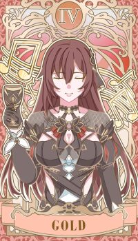 1girl black_dress black_gloves breasts brown_hair card_(medium) closed_eyes commentary cup dress eden_(honkai_impact) english_text gloves highres holding holding_cup honkai_(series) honkai_impact_3rd khuffi large_breasts long_hair musical_note roman_numeral smile solo tarot tarot_(medium) very_long_hair