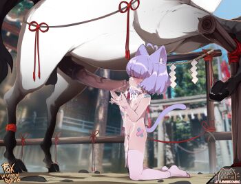 ahoge animal_ears animal_penis bandaid bandaid_on_arm bandaid_on_cheek bandaid_on_face bandaid_on_leg bandaid_on_thigh bell bestiality blush cat_ears cat_girl cat_tail chinese_zodiac closed_eyes collar cum cum_on_body fanbox_username fellatio flat_chest foxinshadow heart heart_ahoge highres horse horse_penis kitty_(kukseleg) kneeling loli neck_bell nude oral original outdoors penis pink_collar purple_hair short_hair signature subscribestar_username tail thighhighs veins veiny_penis white_thighhighs year_of_the_horse