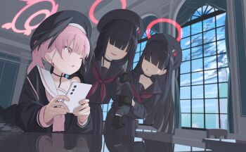 3girls :d ;o anohito401 arm_hug beret black_choker black_gloves black_hair black_hat black_sailor_collar black_serafuku black_shirt black_skirt blue_archive blunt_bangs blunt_ends blush choker classroom collarbone commentary covered_eyes cowboy_shot day desk gloves hair_over_eyes halo hat hime_cut indoors justice_task_force_member_(blue_archive) koharu_(blue_archive) long_hair long_sleeves looking_at_another medium_hair multiple_girls neckerchief one_eye_closed open_mouth pink_eyes pink_hair pink_halo pink_neckerchief pleated_skirt red_halo red_neckerchief reflection sailor_collar school_desk school_uniform serafuku shirt sidelocks single_bare_shoulder sitting skirt smile standing straight_hair upper_body white_sailor_collar window winged_halo