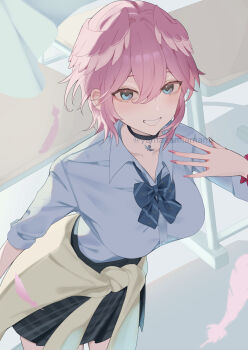 Rule 34 | 1girl, :d, absurdres, alternate costume, black choker, black skirt, blue bow, blue bowtie, blue eyes, bow, bowtie, breasts, cardigan, cardigan around waist, choker, classroom, clothes around waist, collared shirt, commentary request, desk, double-parted bangs, falling feathers, feathers, grin, hair between eyes, hand up, head wings, highres, hololive, indoors, large breasts, looking at viewer, nail polish, open mouth, pendant choker, pink hair, pink nails, pink wings, plaid clothes, plaid skirt, pleated skirt, school desk, school uniform, shirt, shirt tucked in, short hair, skirt, smile, solo, takane lui, three-quarter sleeves, virtual youtuber, white cardigan, white shirt, wings, yamagamiamami