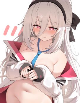 1girl absurdres bare_shoulders black_hairband blue_archive blue_necktie blush breasts closed_mouth collarbone commentary_request groin hair_between_eyes hairband hands_up highres jacket kei_(blue_archive) kei_(new_body)_(blue_archive) koba_(kobako42) loli long_sleeves naked_jacket navel necktie out-of-frame_censoring pink_eyes ringed_eyes simple_background sleeves_past_wrists small_breasts solo split_mouth sweatdrop white_background white_jacket