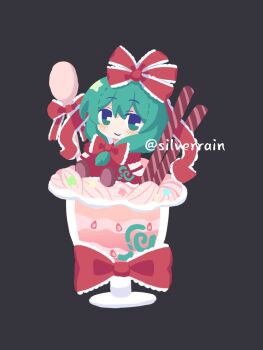 1girl bow chibi dress food front_ponytail green_eyes green_hair highres ice_cream kagiyama_hina looking_at_viewer red_bow red_dress red_ribbon ribbon silverrain sitting smile solo sundae touhou twitter_username