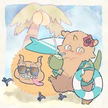 1other anoko_(chiikawa) beach chibikemo chiikawa coconut_tree commentary_request creature dekatsuyo_(chiikawa) flower flower_on_head full_body furry hawaiian_shirt holding holding_swim_ring horns innertube looking_at_viewer nagasode_(nagasode0123) outdoors palm_tree shirt single_horn sunglasses surfboard swim_ring tan tree walking