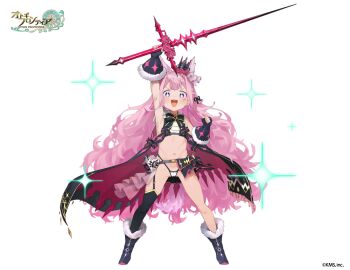 :d animal_ears arm_up armpits asymmetrical_legwear bare_shoulders belt black_bow black_bowtie black_cape black_gloves black_thighhighs blue_boots boots bow bowtie cape clenched_hand commentary_request copyright_logo cropped_shirt dot_nose fingerless_gloves fuuru_(otogi_frontier) gloves hans.b highleg highleg_panties holding holding_sword holding_weapon legs_apart light_blush logo loli long_hair navel official_art open_mouth otogi_frontier panties pink_eyes pink_hair pink_nails shirt simple_background sleeveless sleeveless_shirt smile sparkle spread_legs standing star-shaped_pupils star_(symbol) stomach straight-on sword symbol-shaped_pupils tail teeth thighhighs thong underwear upper_teeth_only v-shaped_eyebrows very_long_hair weapon white_background white_panties wide_spread_legs wolf_ears wolf_tail