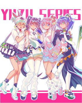 4girls :o ;d absurdres alternate_costume alternate_hairstyle armpit_crease asymmetrical_clothes asymmetrical_dress asymmetrical_sleeves bag bag_charm bare_shoulders black_bag black_dress black_hair black_ribbon black_skirt black_socks blonde_hair blue_eyes blue_gloves blue_hair blue_skirt blush bow bracelet bracelet_girls breasts bull_sprite_(pokemon) character_name charm_(object) choker clefairy clefairy_sprite_(pokemon) collar collarbone colored_bangs crossover detached_sleeves dress english_text flower food food-themed_hair_ornament fur_collar gen_1_pokemon gen_2_pokemon gloves great_ball green_dress green_eyes green_footwear green_hair hair_flower hair_ornament hair_ribbon hand_on_another&#039;s_shoulder headband heart heart_choker heart_sticker highres hiiragi_yuzu holding holding_food holding_spring_onion holding_vegetable jewelry kurosaki_ruri leg_warmers loafers long_hair long_sleeves looking_at_another looking_at_viewer medium_breasts miniskirt multicolored_dress multicolored_hair multiple_girls necktie nintendo one_eye_closed open_mouth piano_print pink_background pink_hair pink_nails pink_shirt pink_shoes plaid_clothes plaid_skirt plant pleated_skirt poke_ball poke_ball_(basic) poke_ball_symbol pokemon pom_pom_(clothes) ponytail purple_hair quadruplets red_flower red_ribbon ribbon rin_(yu-gi-oh!) serena_(yu-gi-oh!) shiny_skin shirt shoes short_hair short_sleeves short_twintails siblings side_slit sisters skirt smile sneakers socks spring_onion spring_onion_hair_ornament sticker sticker_on_leg streaked_hair tassel tauros thighhighs twintails two-tone_background two-tone_hair udoshiyo unown unown_m v vegetable very_long_hair waist_poke_ball white_background white_choker white_dress white_flower white_footwear white_leg_warmers white_shirt white_shoes white_thighhighs yellow_eyes yu-gi-oh! yu-gi-oh!_arc-v