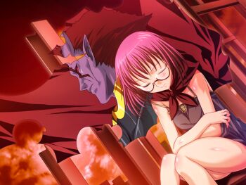 1girl cape demon eyes_closed game_cg glasses harem_party kubota_anzu pink_hair short_hair