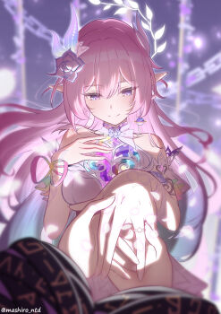 2girls absurdres bare_shoulders blue_hair blurry blurry_background breasts chain closed_mouth commentary_request cyrene_(aedes_elysiae)_(honkai:_star_rail) cyrene_(honkai:_star_rail) cyrene_(ripples_of_past_reverie)_(honkai:_star_rail) diamond-shaped_pupils diamond_(shape) dress dual_persona earrings female_pov flower gradient_hair greyscale hair_flower hair_ornament halo halo_behind_head hand_on_own_chest highres holding_hands honkai:_star_rail honkai_(series) jewelry large_breasts long_hair looking_down mashiro_(user_65392488) monochrome multicolored_hair multiple_girls petals pink_hair planet_earrings pointy_ears pov pov_hands purple_eyes purple_flower purple_rose putting_on_jewelry ribbon ring rose single_earring sketch smile solo_focus symbol-shaped_pupils upper_body wedding_ring white_dress wrist_ribbon