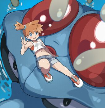 1girl 1other blue_eyes blush clothes_pull commentary commission crop_top denim denim_shorts english_commentary gen_1_pokemon heart highres looking_back lying misty_(pokemon) navel nintendo on_back open_mouth orange_hair panties panty_peek pokemon pokemon_(creature) pokemon_lgpe second-party_source short_shorts shorts shorts_pull side_ponytail smile spaghetto087 stomach tentacles tentacruel underwear v water