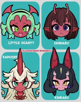 Rule 34 | 4girls, animal ears, black hair, blue background, blue eyes, brown hair, colored skin, commentary, extra ears, fang, green eyes, green hair, grey hair, hairband, horns, kazuchi (world flipper), kemono friends, kinkaku (kemono friends), kujo chiharu, long hair, looking at viewer, milky subway, multiple girls, neck ribbon, open mouth, panty &amp; stocking with garterbelt, podophyll, red skin, ribbon, scanty (psg), short hair, simple background, skull, symbol-only commentary, world flipper, yellow eyes
