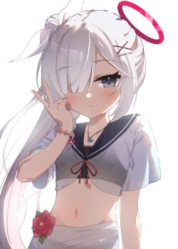 1girl alternate_costume alternate_hairstyle bikini black_bikini black_eyes black_sailor_collar blue_archive blush closed_mouth commentary hair_ornament hair_over_one_eye halo hand_up jewelry long_hair looking_at_viewer monyosato navel paid_reward_available pendant plana_(blue_archive) red_halo sailor_collar side_ponytail simple_background solo swimsuit upper_body very_long_hair white_background x_hair_ornament