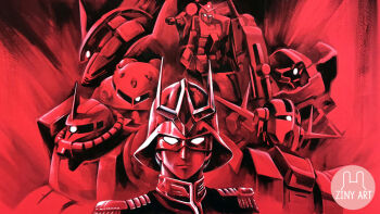 1boy aiming artist_name bazooka_(gundam) beam_rifle char_aznable closed_mouth commentary energy_gun english_text eye_mask gelgoog_s_char_custom glowing glowing_eyes gundam helmet looking_at_viewer mask mecha military_uniform mobile_suit mobile_suit_gundam one-eyed red_theme rick_dom_char_custom robot rx-78-2_gundam solo upper_body v-fin weapon z&#039;gok_char_custom zaku_ii_s_char_custom zeon zeong zinyart