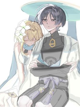 1boy 1girl aqua_hat bare_shoulders black_bodysuit black_bridal_gauntlets black_shorts blonde_hair blue_kimono blue_scarf blunt_ends blush bodysuit bow breasts bridal_gauntlets closed_eyes closed_mouth covered_collarbone crossed_arms dress expressionless eyelashes eyeliner eyeshadow facing_down furisode genshin_impact grey_eyes grey_hair hair_between_eyes hakama hakama_shorts halterneck hand_on_own_arm hashtag-only_commentary hat head_on_another's_shoulder highres imagirl_0 japanese_clothes jingasa juban kimono large_breasts leaning_on_person looking_up lumine_(genshin_impact) makeup mandarin_collar middle_ring pleated_shorts purple_bow purple_rope red_eyeliner red_eyeshadow rope scaramouche_(genshin_impact) scarf short_hair short_hair_with_long_locks short_sleeves shorts sidelocks sitting sketch tsurime wanderer_(genshin_impact) white_background white_dress white_kimono white_sleeves