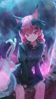 1girl absurdres animal_ears cat_ears cat_girl cat_tail dress extra_ears green_dress highres juliet_sleeves kaenbyou_rin long_hair long_sleeves looking_at_viewer multiple_tails nepperoni puffy_sleeves red_eyes red_hair sitting solo tail touhou two_tails