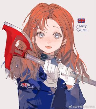 1girl axe blue_eyes blue_jacket call_of_cthulhu character_name chinese_commentary commentary_request eyelashes freckles frooooty gloves grey_background hair_ornament hairclip holding holding_axe jacket long_hair long_sleeves looking_at_viewer open_mouth orange_hair original patch simple_background smile solo spacesuit union_jack upper_body watermark weibo_watermark white_gloves x_hair_ornament