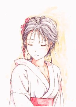 Rule 34 | 1girl, absurdres, alternate costume, alternate hairstyle, bbmasa, breasts, cleavage, closed eyes, closed mouth, collarbone, commentary request, flower, hair flower, hair ornament, hibike! euphonium, highres, japanese clothes, kimono, liz to aoi tori, obi, sash, shirt, solo, traditional media, upper body, white kimono, yoroizuka mizore