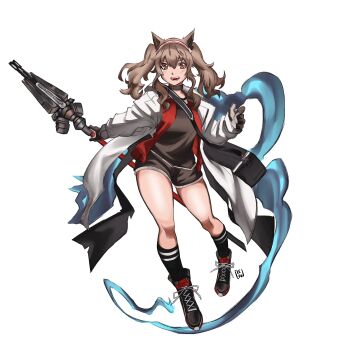 Rule 34 | 1girl, absurdres, angelina (arknights), animal ears, arknights, artist name, black gloves, black shirt, black socks, blush, breasts, brown hair, coat, commentary, english commentary, fox ears, fox girl, full body, gloves, hairband, highres, holding, holding staff, infection monitor (arknights), keru-the-green, long hair, long sleeves, looking at viewer, multicolored hairband, open clothes, open coat, open mouth, red eyes, red hairband, shirt, simple background, smile, socks, solo, staff, standing, teeth, thighs, twintails, two-tone hairband, white background