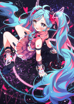 1girl :d ahoge aqua_hair blue_eyes blush commentary_request detached_sleeves gau_(n00_shi) hatsune_miku head_wings heart highres long_hair looking_at_viewer multicolored_hair multicolored_scrunchie open_mouth pink_shirt pink_skirt scrunchie shirt simple_background sitting skirt sleeveless sleeveless_shirt smile solo sparkle star_(symbol) star_in_eye symbol_in_eye twintails very_long_hair vocaloid wariza wings