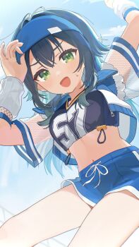1girl arms_up black_shirt blue_jacket blue_shorts blue_sky blush breasts cloud commentary_request crop_top day dolphin_shorts fishnet_sleeves fishnets gakuen_idolmaster green_eyes green_hair hair_between_eyes hair_flaps highres idolmaster jacket kamin_(monemasu) long_hair looking_at_viewer medium_breasts midriff navel outdoors shirt short_sleeves shorts sidelocks sky smile solo sweat thighs tsukimura_temari visor_cap