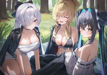 3girls bare_shoulders bikini black_bikini black_hair black_jacket black_pants blonde_hair blush breasts cinderella_(nikke) cleavage closed_eyes closed_mouth crossed_bangs double_bun dress goddess_of_victory:_nikke grave_(nikke) grey_hair hair_bun hair_intakes hair_over_one_eye highres jacket jacket_on_shoulders large_breasts little_mermaid_(nikke) long_hair looking_at_viewer multiple_girls navel off-shoulder_dress off_shoulder pants ponytail red_eyes short_dress shuvi_(shuvi1125) sleeveless sleeveless_dress smile stomach swimsuit twintails white_dress yellow_eyes