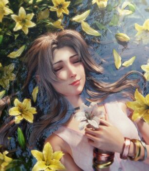 1girl 3d aerith_gainsborough bangle bracelet brown_hair closed_eyes commentary curtained_hair dress final_fantasy final_fantasy_vii final_fantasy_vii_remake flower highres holding holding_flower jewelry long_hair necklace parted_bangs partially_submerged pink_dress pink_lips ria_(baka-neearts) sleeveless sleeveless_dress smile solo white_flower yellow_flower