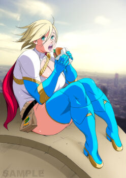Rule 34 | 1girl, belt, blonde hair, blush, boots, breasts, burger, cape, city, cleavage, cleavage cutout, clothing cutout, dc comics, eiden, elbow gloves, gloves, green eyes, highres, huge breasts, leotard, outdoors, power girl, sitting, solo, thick thighs, thigh boots, thighhighs, thighs, wind