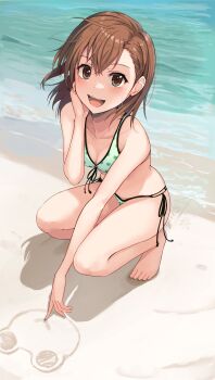 1girl :d adjusting_hair animal_print asymmetrical_bangs beach bikini breasts brown_eyes brown_hair cleavage collarbone commentary_request drawing_(action) frog_print front-tie_bikini_top front-tie_top full_body gekota green_bikini hair_behind_ear highres k3rd looking_at_viewer medium_hair misaka_mikoto ocean open_mouth outdoors print_bikini sand side-tie_bikini_bottom small_breasts smile solo squatting swimsuit teeth toaru_kagaku_no_railgun toaru_majutsu_no_index upper_teeth_only