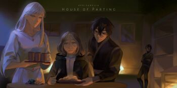 Rule 34 | 2boys, 2girls, absurdres, aerisabella, anake, black eyes, black hair, black robe, clone, crossed arms, dress, food, fork, grey eyes, grey hair, head tilt, highres, holding, holding fork, long hair, multiple boys, multiple girls, nephis (shadow slave), pancake, pancake stack, plate, robe, shadow slave, short hair, sitting, smile, sunny (shadow slave), table, white dress, white hair