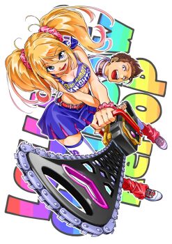 Rule 34 | 1boy, 1girl, 6j-k-en1223, blonde hair, blue eyes, blue skirt, breasts, brown eyes, brown hair, chainsaw, cheerleader, cleavage, dutch angle, full body, hair ornament, hair scrunchie, highres, holding, holding weapon, juliet starling, lollipop chainsaw, looking at viewer, loose socks, midriff, miniskirt, nick carlyle, pink scrunchie, pleated skirt, rainbow text, red socks, scrunchie, severed head, shoes, short twintails, skirt, sneakers, socks, tank top, thighhighs, twintails, weapon, white shoes, zettai ryouiki